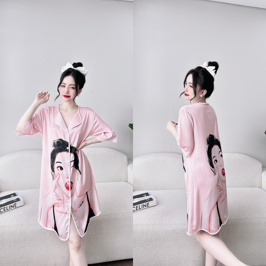 Đầm ngủ sơ mi lụa latin tơ tằm in họa tiết 3D cao cấp.