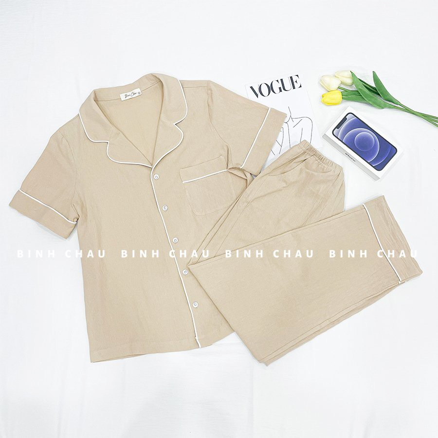 Bộ Pijama Xinh, Đồ Ngủ Dễ Thương Màu Be Chất Vải Cotton Bột - Bình Châu Sleepwear Clothing