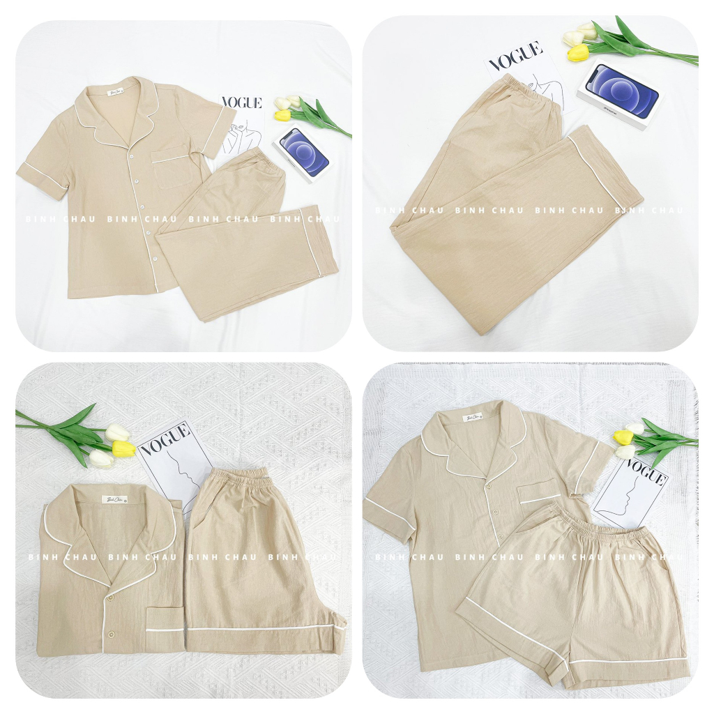 Bộ Pijama Xinh, Đồ Ngủ Dễ Thương Màu Be Chất Vải Cotton Bột - Bình Châu Sleepwear Clothing