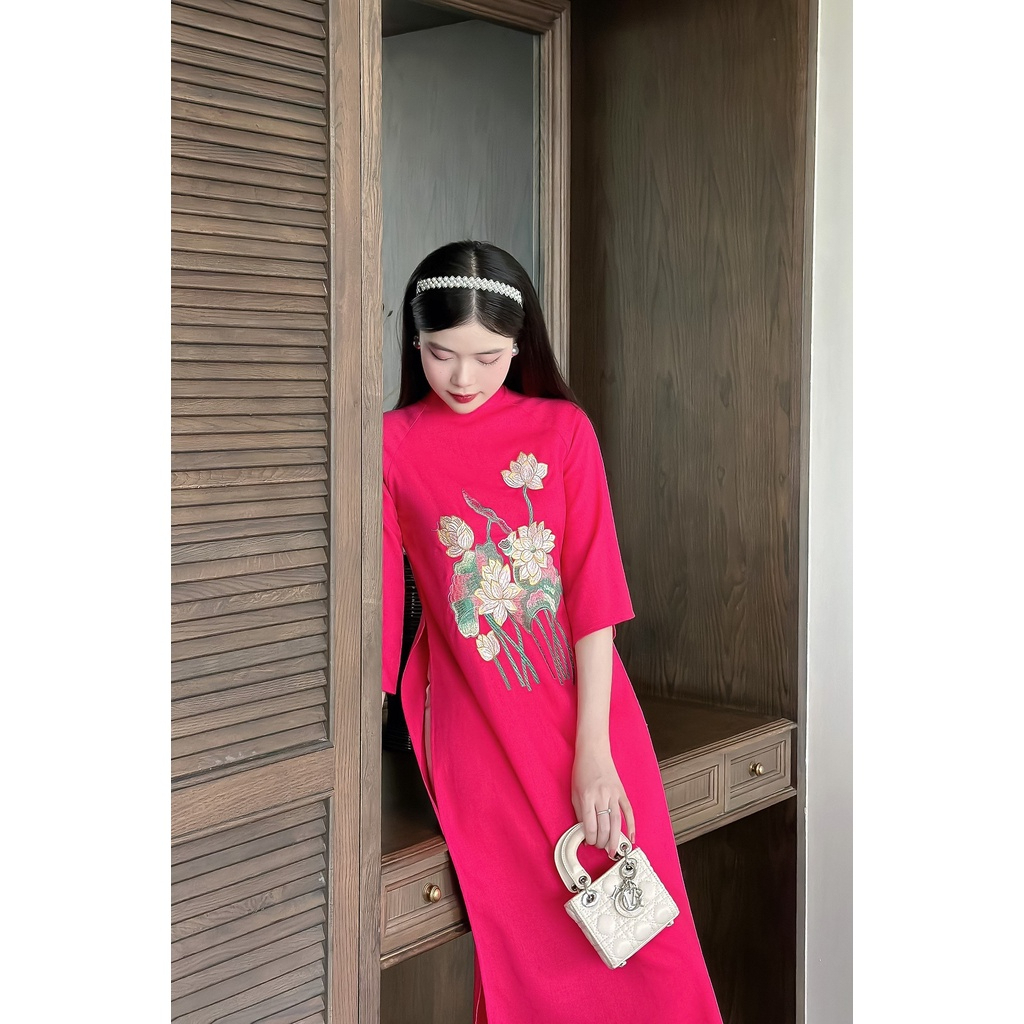 Áo dài truyền thống nữ ❤️HÀNG THIẾT KẾ❤️ hồng sen cách tân cổ tàu chất liệu Linen thêu hoa - Áo Dài Thiên Hương - TH02