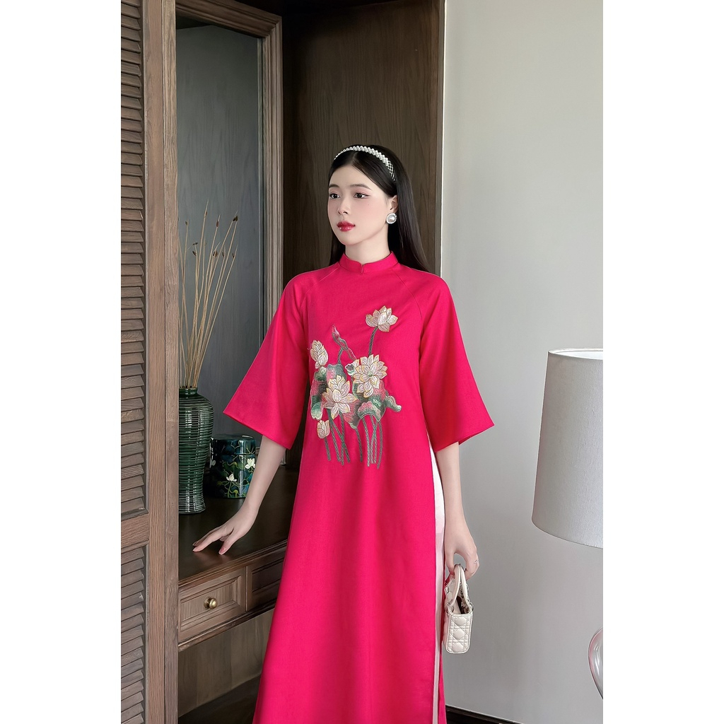 Áo dài truyền thống nữ ❤️HÀNG THIẾT KẾ❤️ hồng sen cách tân cổ tàu chất liệu Linen thêu hoa - Áo Dài Thiên Hương - TH02