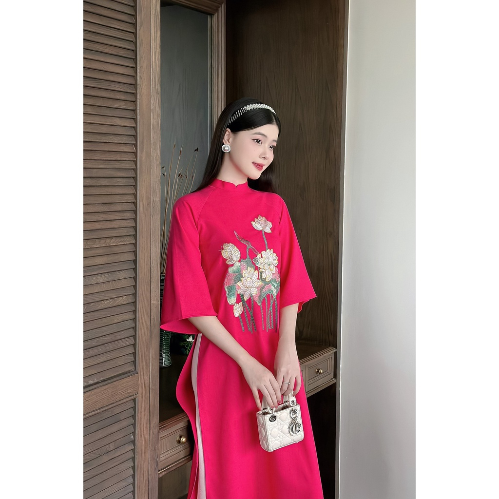Áo dài truyền thống nữ ❤️HÀNG THIẾT KẾ❤️ hồng sen cách tân cổ tàu chất liệu Linen thêu hoa - Áo Dài Thiên Hương - TH02