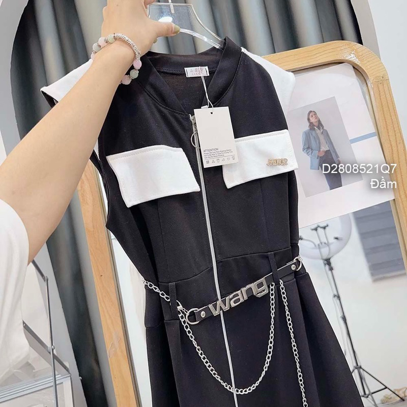 Đầm thun sát nách phối màu khoá kéo kèm đai!