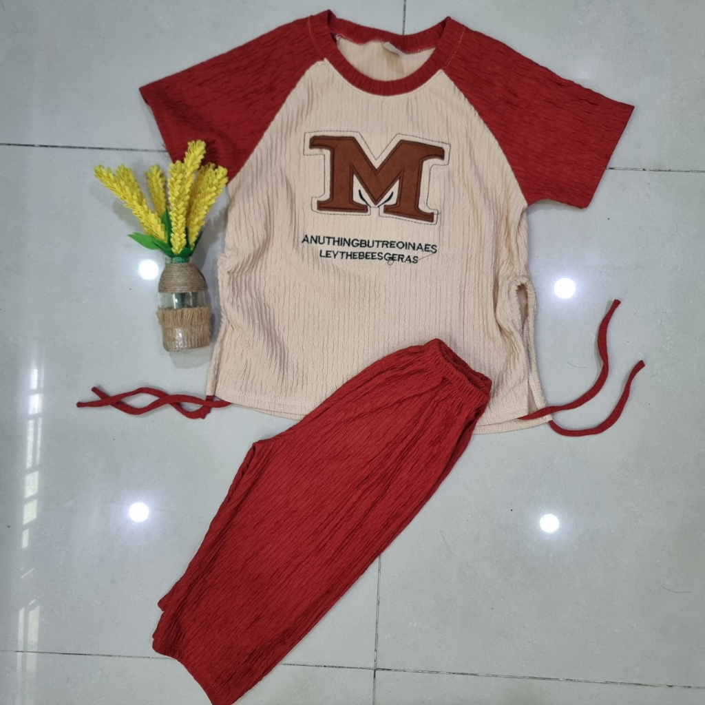 Set áo dây rút thêu gấu/thêu chữ + quần lửng vải xốp siêu đáng yêu cho bé gái đi chơi, đi học