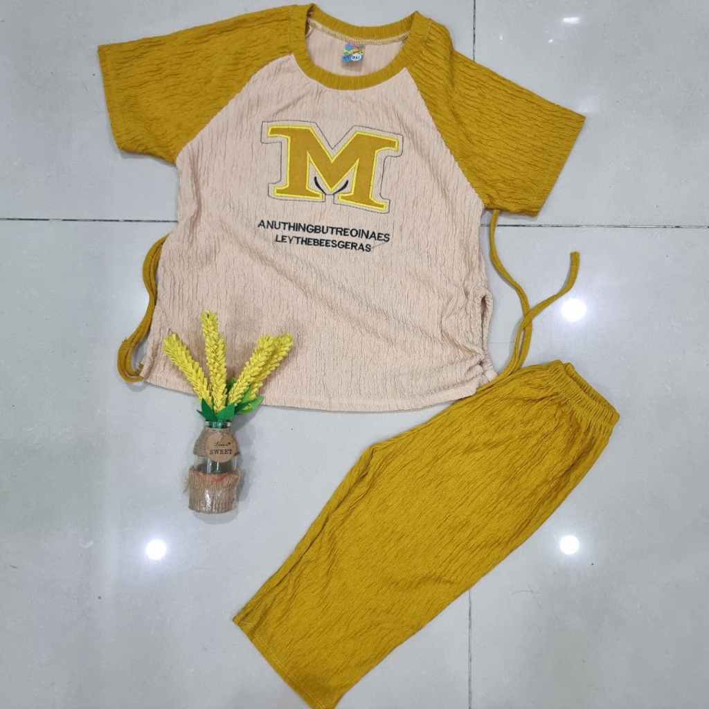 Set áo dây rút thêu gấu/thêu chữ + quần lửng vải xốp siêu đáng yêu cho bé gái đi chơi, đi học