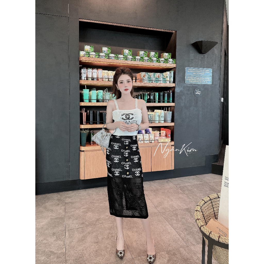 Váy Len Mongtoghi Cha.nell  2 Dây Lấp Lánh Tôn Dáng freesize dưới 60kg