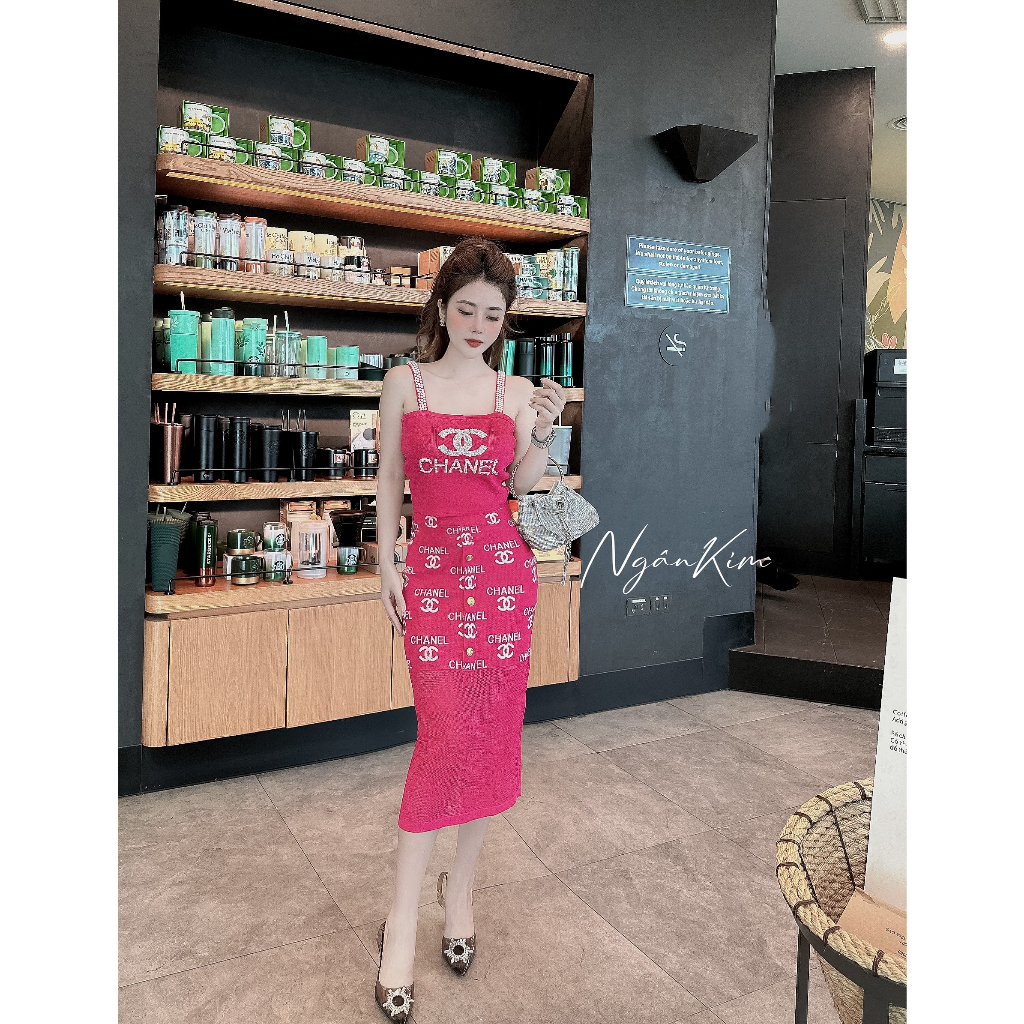 Váy Len Mongtoghi Cha.nell  2 Dây Lấp Lánh Tôn Dáng freesize dưới 60kg