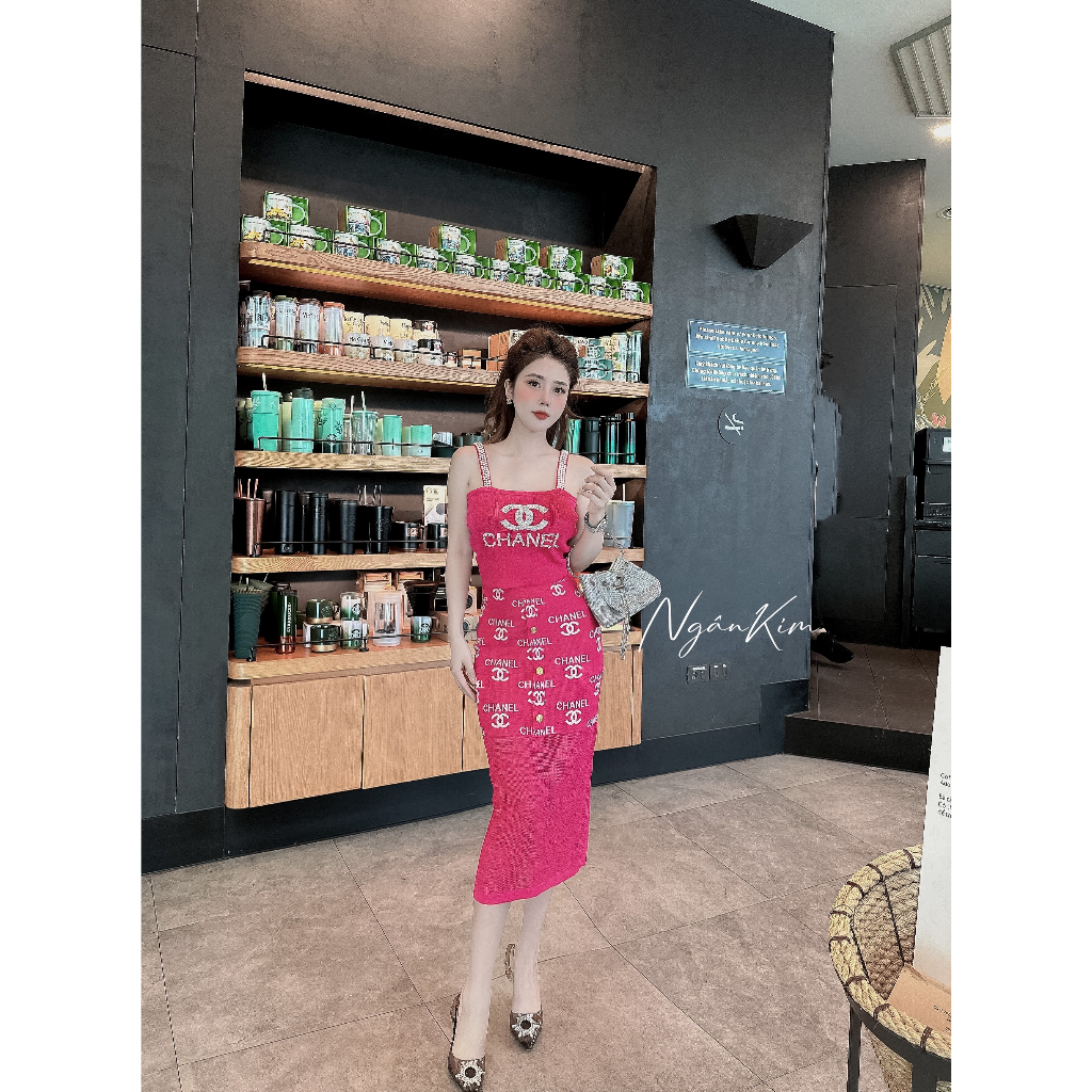 Váy Len Mongtoghi Cha.nell  2 Dây Lấp Lánh Tôn Dáng freesize dưới 60kg