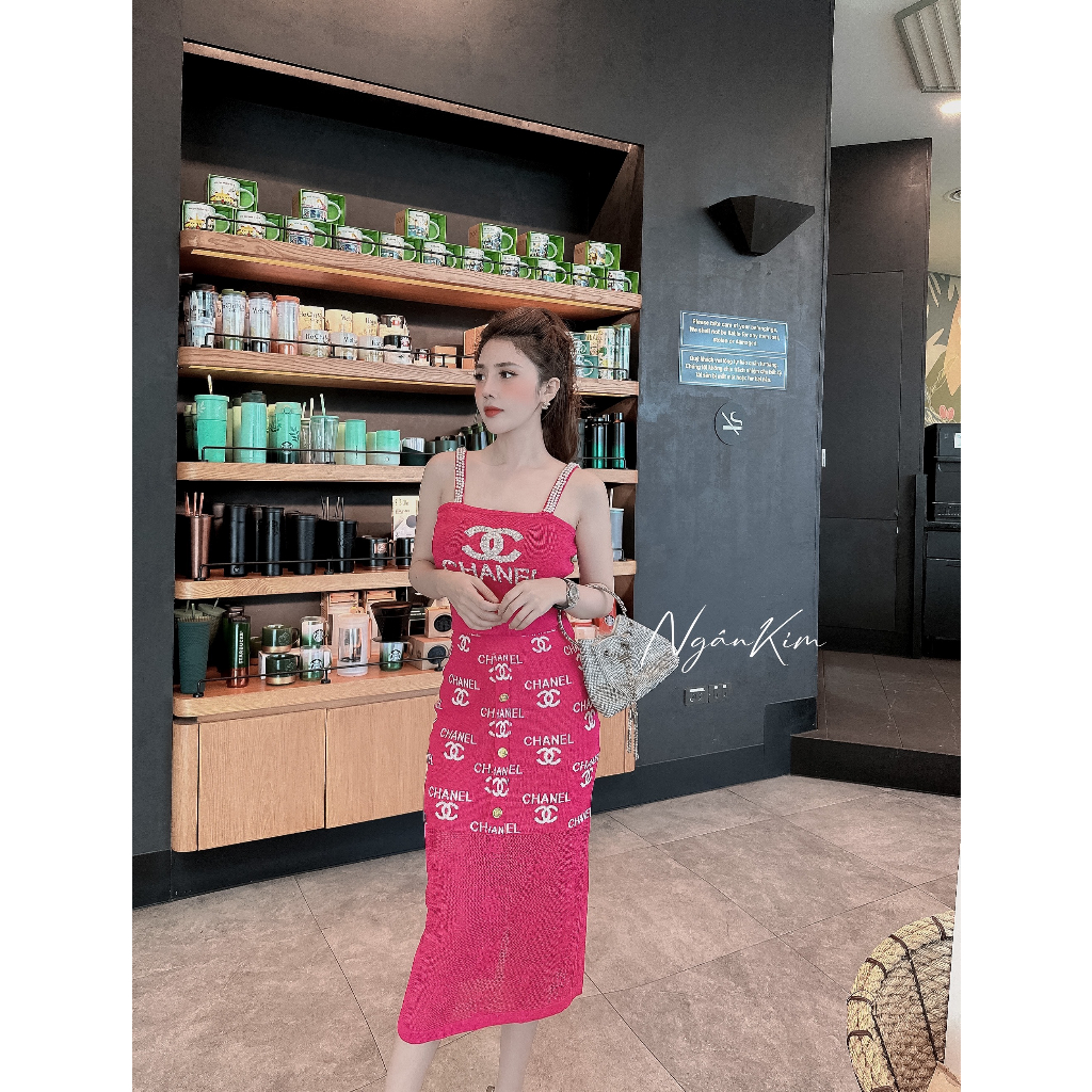 Váy Len Mongtoghi Cha.nell  2 Dây Lấp Lánh Tôn Dáng freesize dưới 60kg