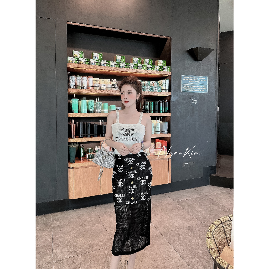 Váy Len Mongtoghi Cha.nell  2 Dây Lấp Lánh Tôn Dáng freesize dưới 60kg