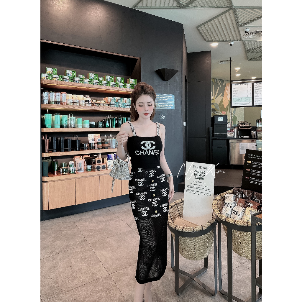 Váy Len Mongtoghi Cha.nell  2 Dây Lấp Lánh Tôn Dáng freesize dưới 60kg