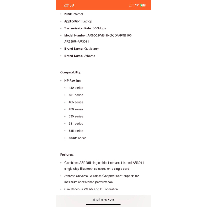 Card thu sóng wifi cho Laptop HP Probook 4430s 4530s 4435s 4535s 4730s 4735s 4431S 4436S 4230S RTL8188CE AR5B195 AR5B95H