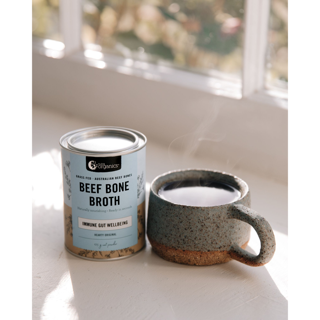 Bột nước hầm sấy khúc xạ nhiệt độ thấp Nutra Organics xuất xứ Úc Bone broth powder original flavour 125g