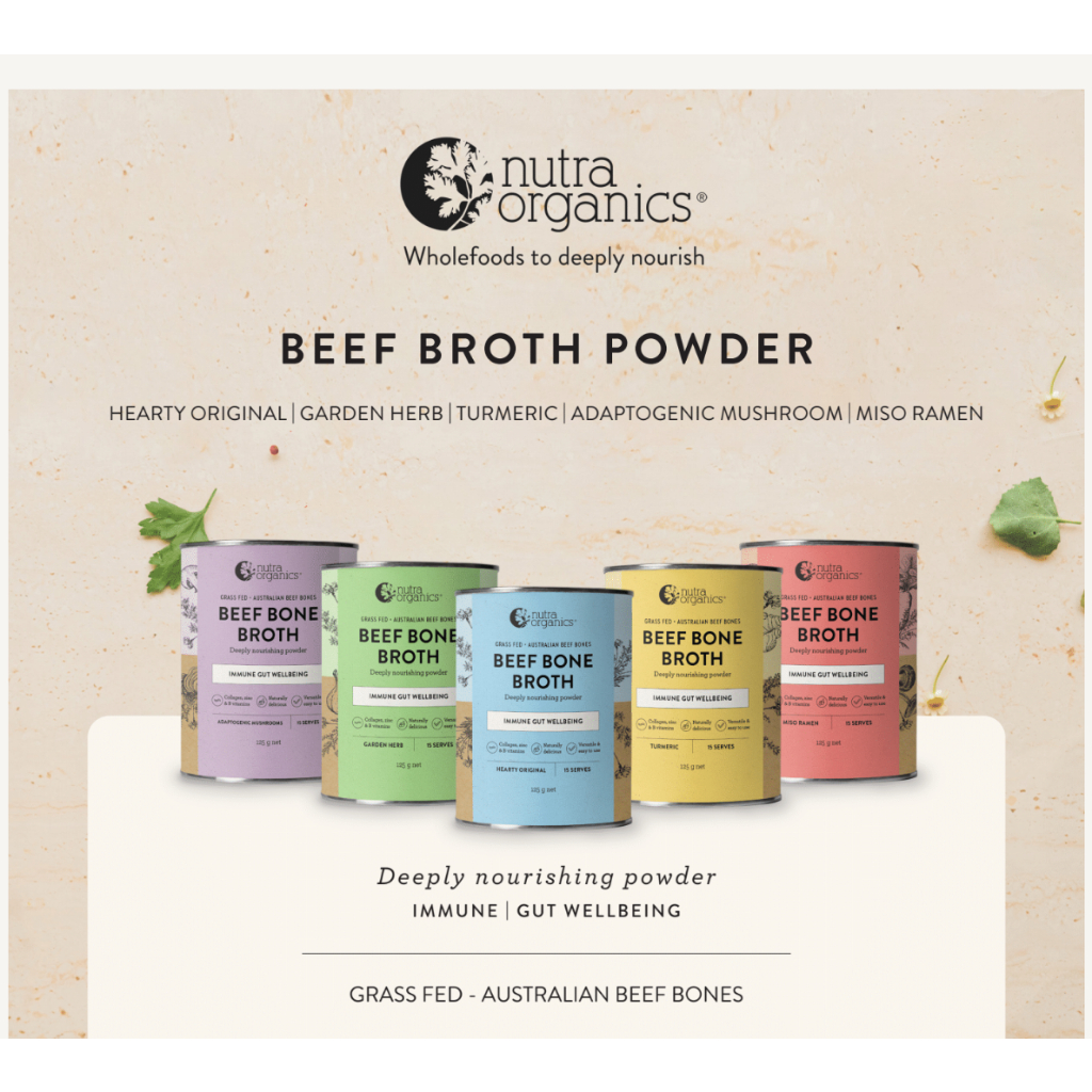 Bột nước hầm sấy khúc xạ nhiệt độ thấp Nutra Organics xuất xứ Úc Bone broth powder original flavour 125g