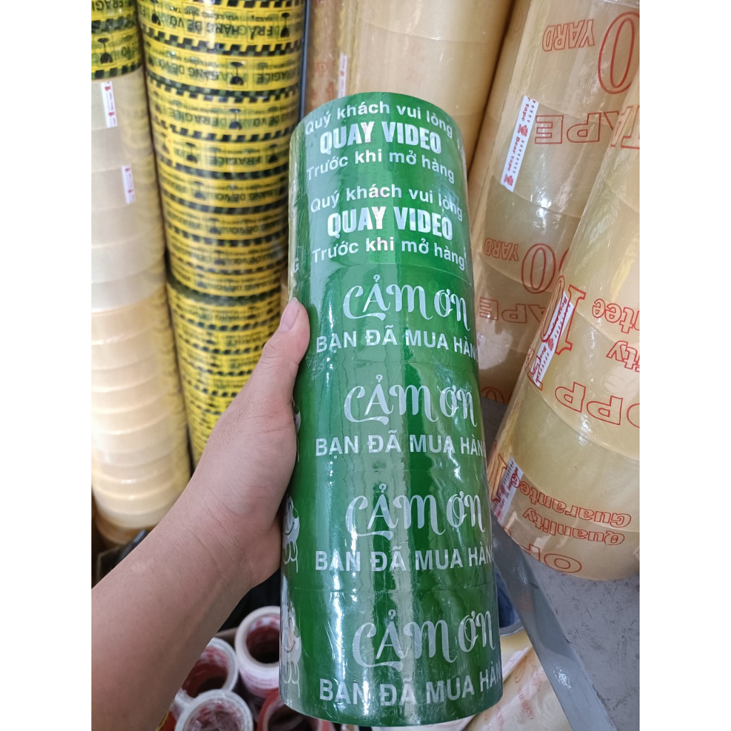 6 cuộn băng keo màu xanh lá in chữ Cảm ơn, quay video trước khi mở hàng