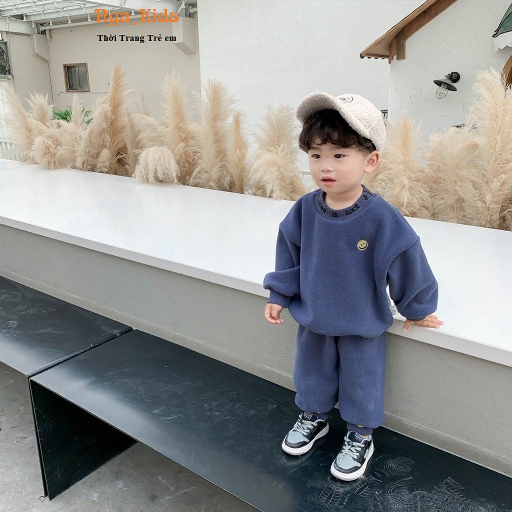 Bộ nỉ cho bé trai bé gái NGA KIDS, Đồ bộ quần áo nỉ bé trai bé gái thêu hình mặt cười MC01 cực ấm cho bé từ 7-27kg