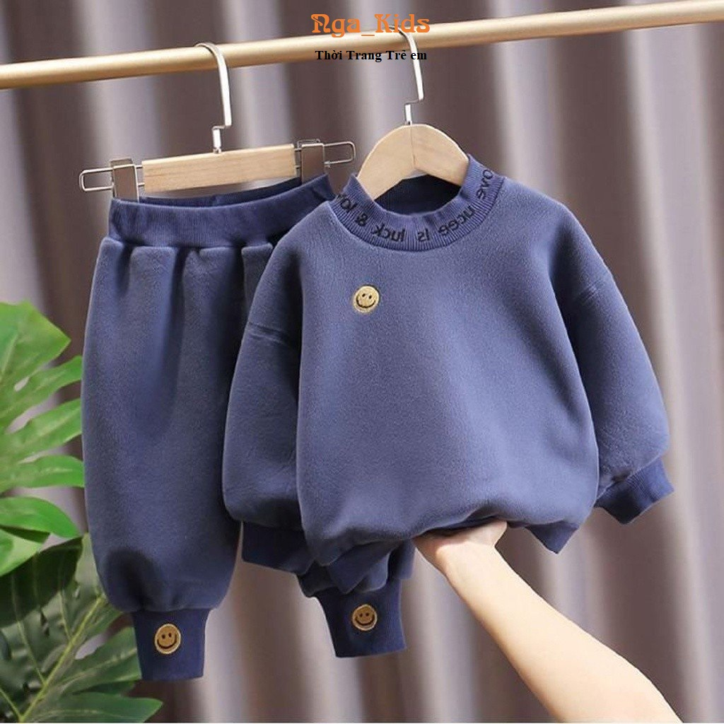 Bộ nỉ cho bé trai bé gái NGA KIDS, Đồ bộ quần áo nỉ bé trai bé gái thêu hình mặt cười MC01 cực ấm cho bé từ 7-27kg
