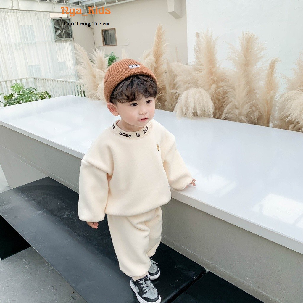 Bộ nỉ cho bé trai bé gái NGA KIDS, Đồ bộ quần áo nỉ bé trai bé gái thêu hình mặt cười MC01 cực ấm cho bé từ 7-27kg