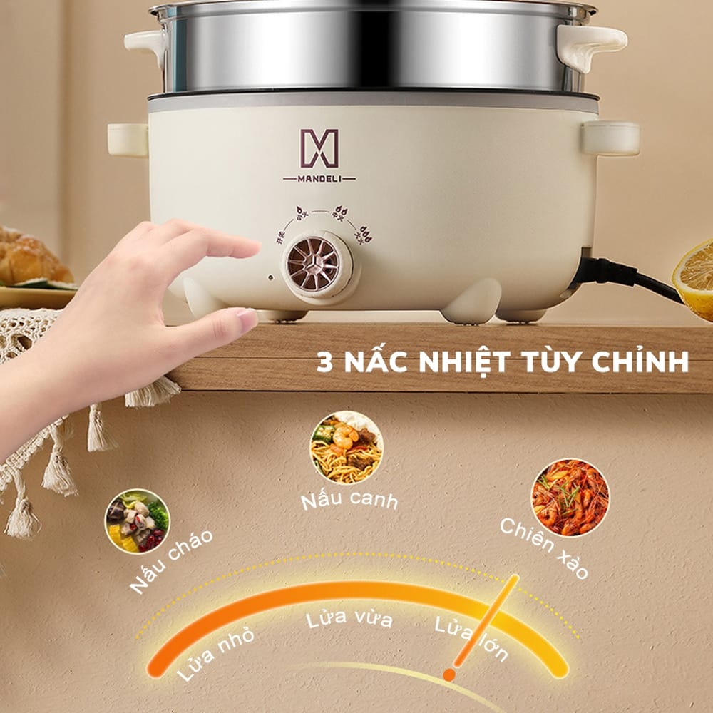 Nồi Lẩu Điện Đa Năng 2 Tầng GWELL MANDELI Kèm Giá Hấp 28 cm Tráng Men Chống Dính Công Suất 1000W