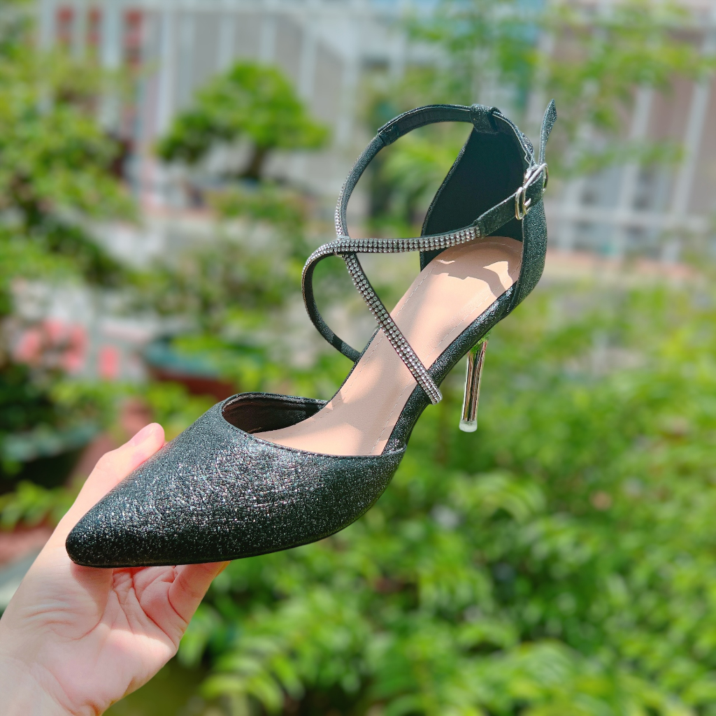 Giày nữ phối dây đá si kim tuyến cao 8cm - B83