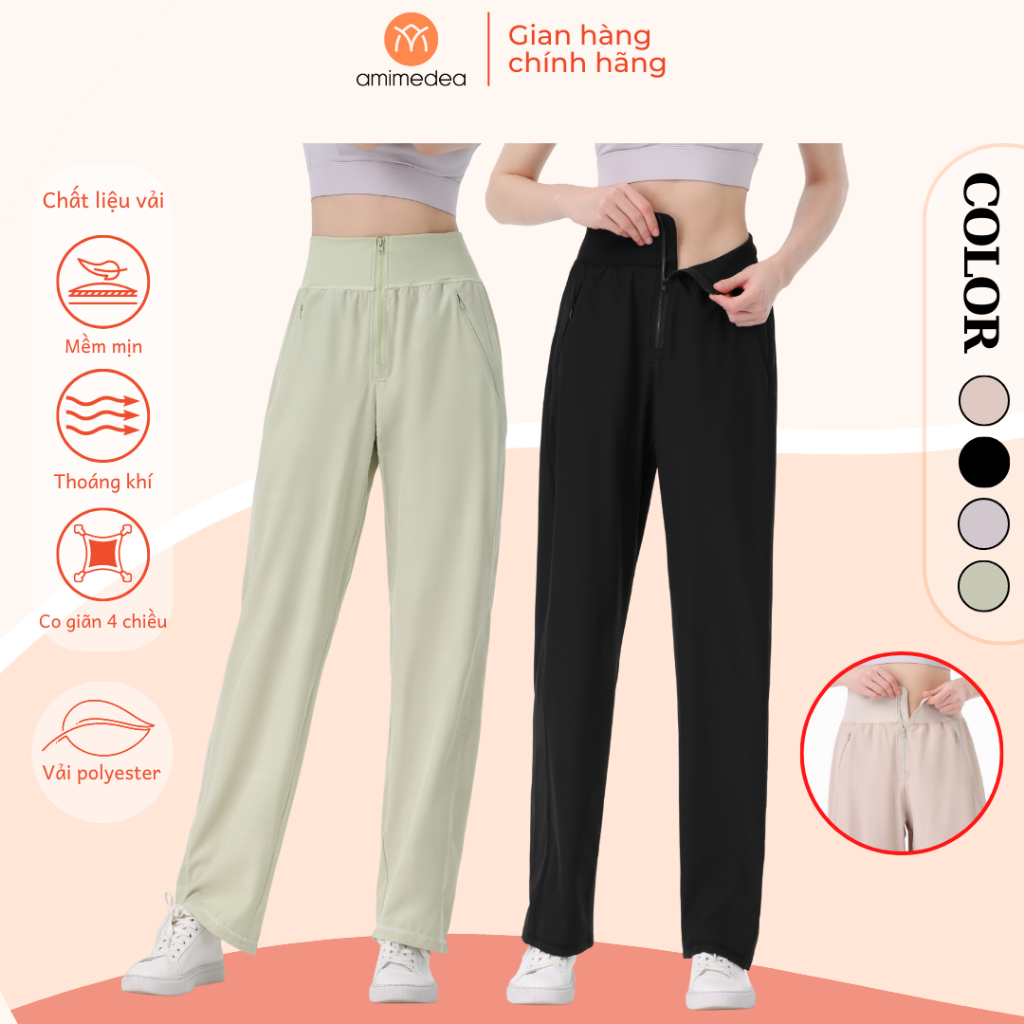 Quần dài jogger thể thao ống rộng nữ tập gym yoga AMI MEDEA cao cấp, thiết kế dây kéo eo năng động 9053