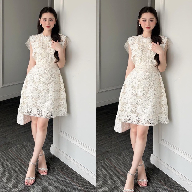 Váy ren hoa thêu nổi chiết eo dáng xòe hai lớp dự tiệc sang chảnh tiểu thư thiết kế cao cấp DELIZ STUDIO