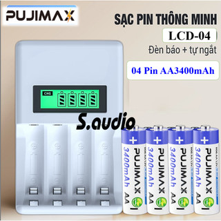 Bộ Sạc Pin Tiểu + 4 Pin AA 3400mah Pujimax LCD-04 Sạc Nhanh Tự Ngắt Dùng Cho Micro, điều khiển