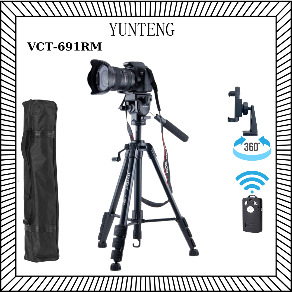 Chân đế, tripod máy ảnh live chuyên nghiệp Yunteng VCT 691, kèm kẹp điện thoại xoay 360 độ, túi đựng và remote bluetooth