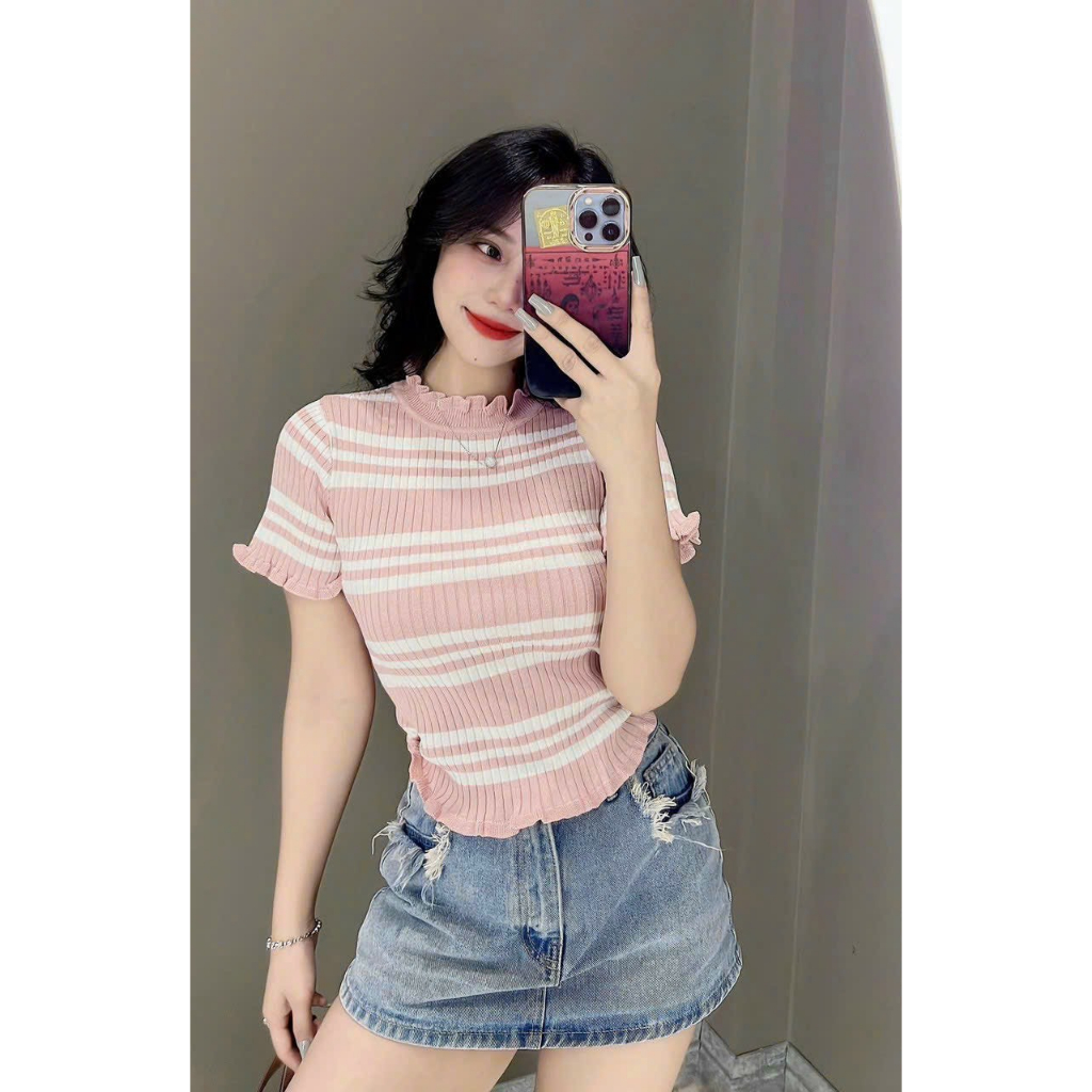 Áo Len Kẻ Bèo Sun Tay Loe Bèo Ôm Body, Áo Len Mongtoghi TA-1056