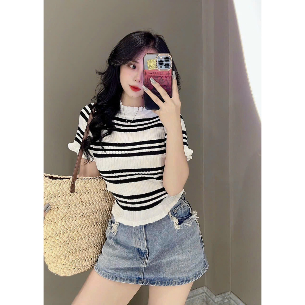 Áo Len Kẻ Bèo Sun Tay Loe Bèo Ôm Body, Áo Len Mongtoghi TA-1056