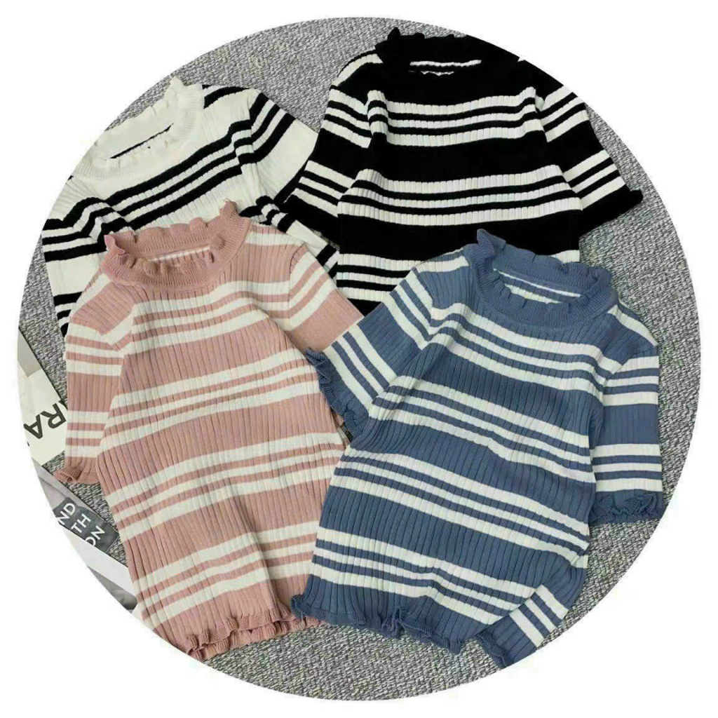 Áo Len Kẻ Bèo Sun Tay Loe Bèo Ôm Body, Áo Len Mongtoghi TA-1056