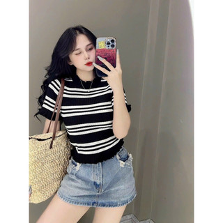 Áo len kẻ bèo sun tay loe bèo ôm body, áo len mongtoghi ta-1056