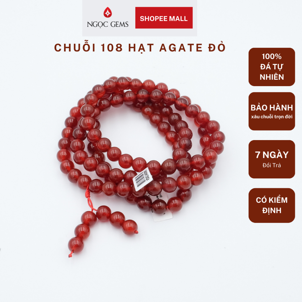 Chuỗi vòng đá 108 hạt Agate đỏ (mã não) - phù hợp cho người mệnh thổ,hỏa - Ngọc Gems