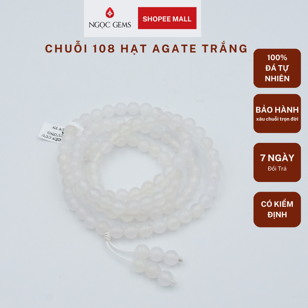 Chuỗi vòng đá 108 hạt Agate trắng (mã não) - phù hợp cho người mệnh thủy,kim - Ngọc Gems
