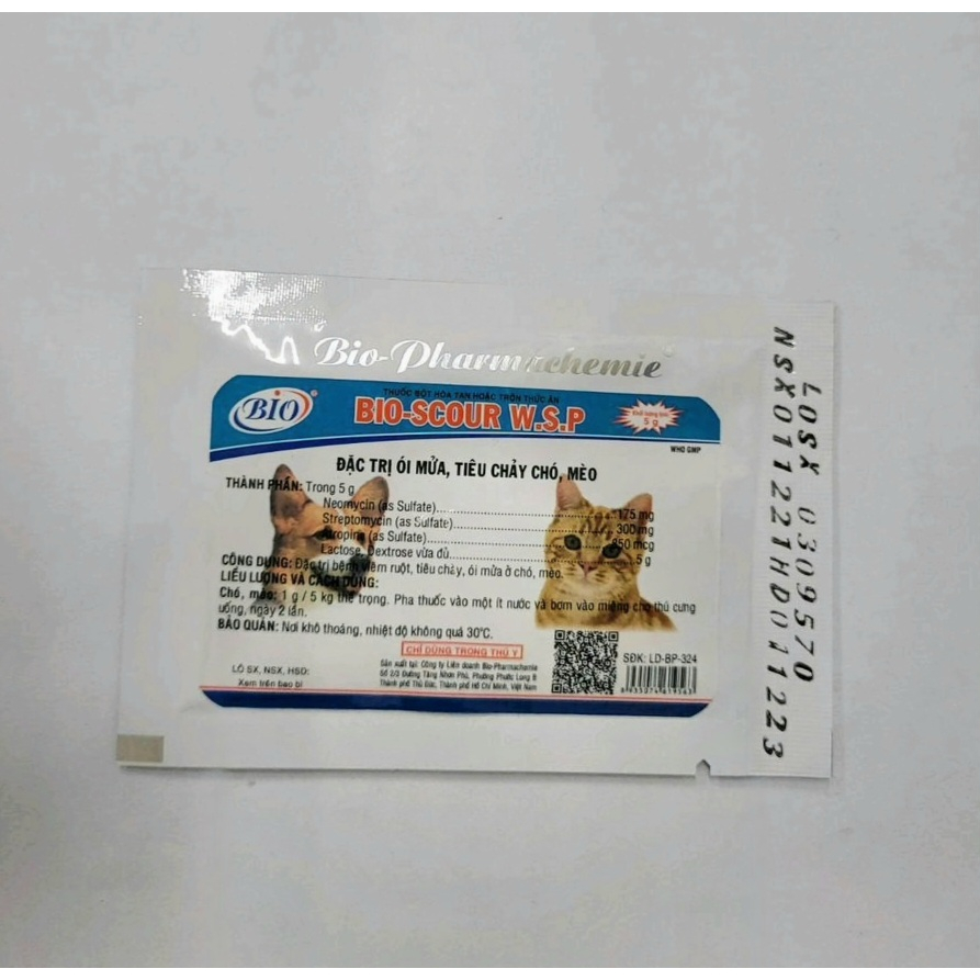 Bio scour wsp 5g hỗ trợ tiêu chảy, nôn ói cho chó mèo