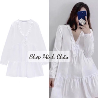 (Sẵn hoả tốc) Váy baby doll trắng bèo cổ đuôi cá Zarrraa dư sịn