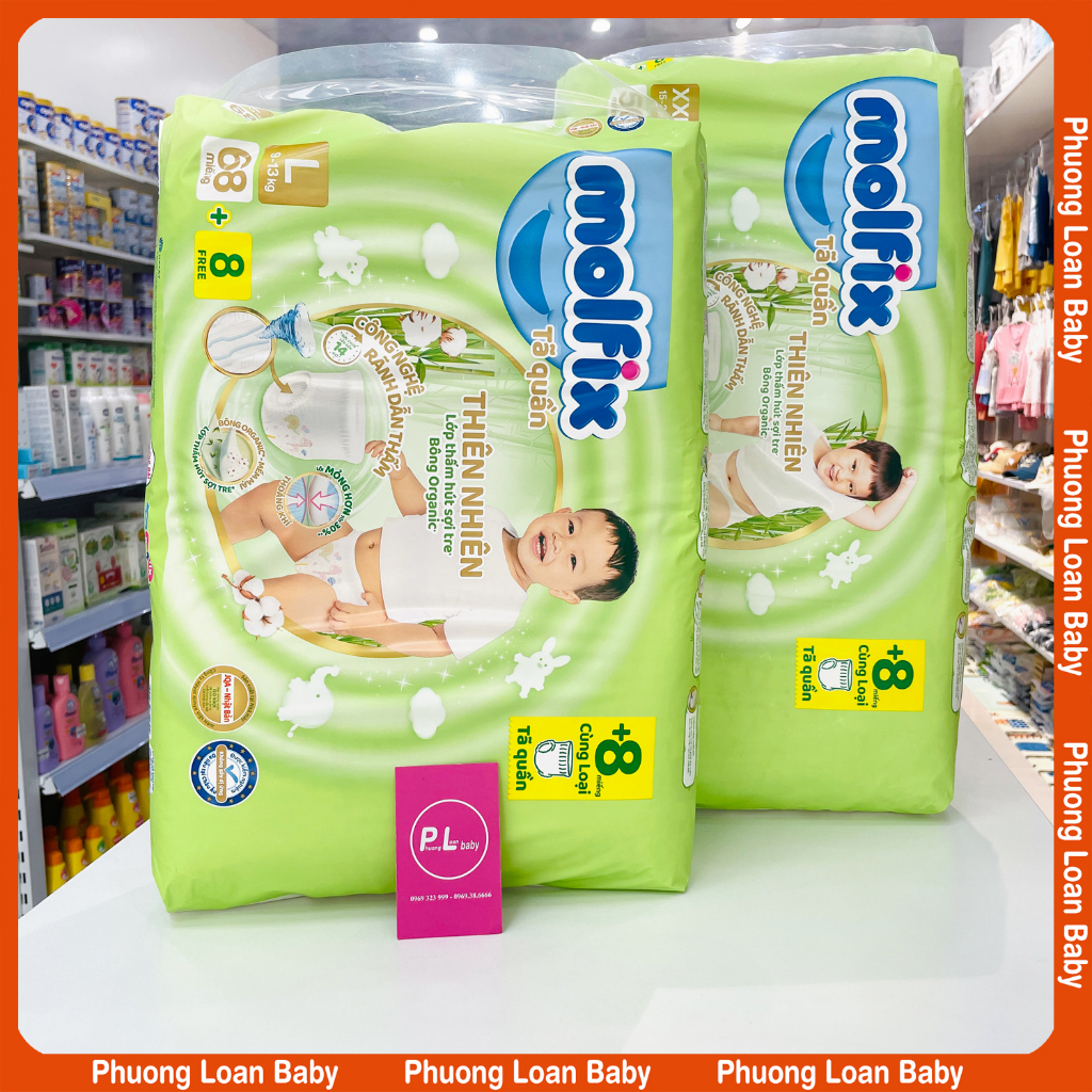 Bỉm quần Molfix thiên nhiên sợi tre Ultra M76+8/L68+8/Xl62+8/XXl56+8