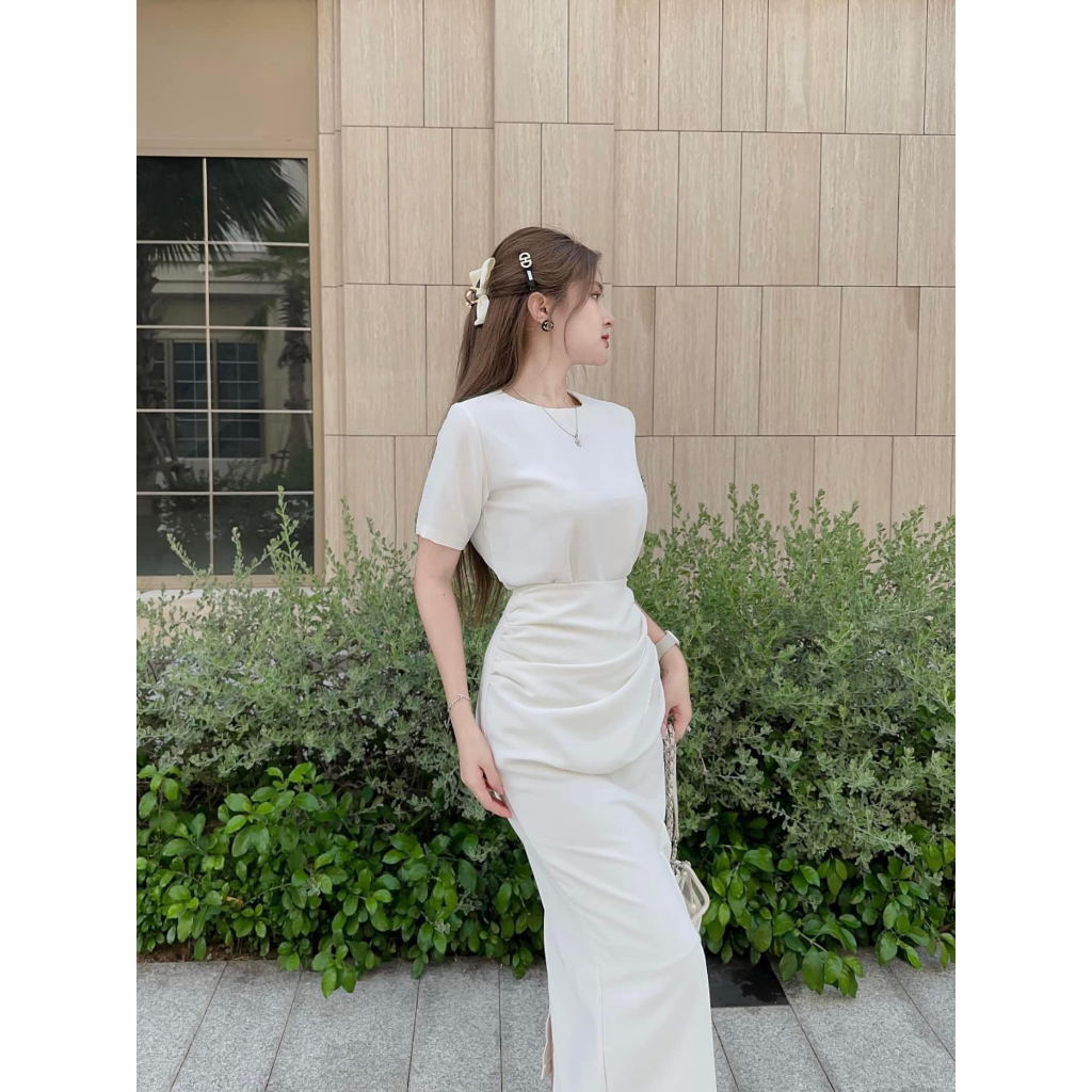 Set chân váy dài xẻ nhún hông áo basic siêu tôn dán CHIBEST  HSC88