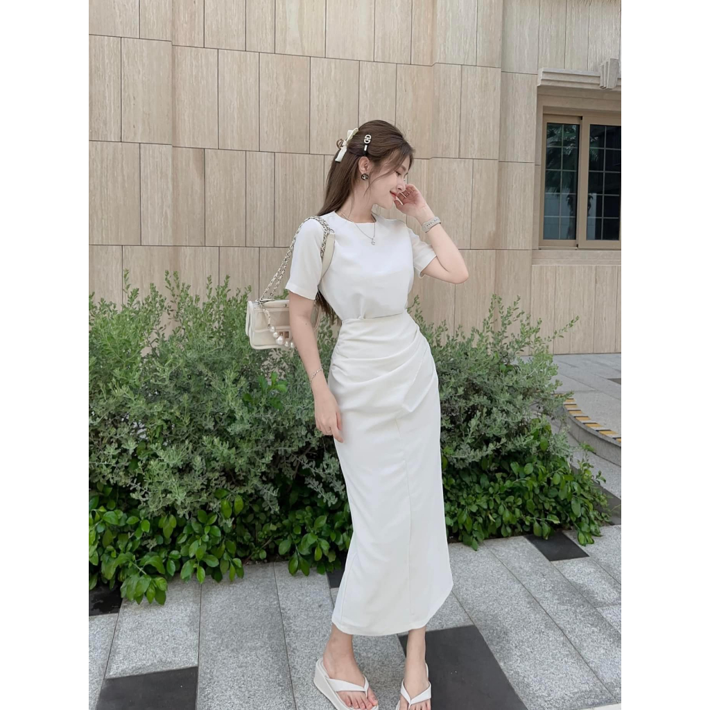 Set chân váy dài xẻ nhún hông áo basic siêu tôn dán CHIBEST  HSC88