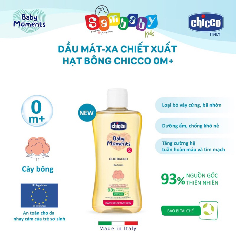 [Mã SMKB151 giảm 10% đơn 500.000Đ] Dầu Mát Xa Chiết Xuất Hạt Bông CHICCO 200ml Chính Hãng Nhập Khẩu Ý