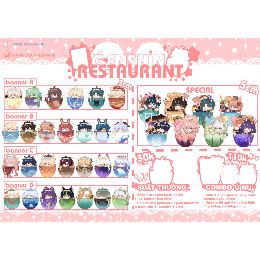 Mô Hình GACHA Standee Nhân Vật Genshin Impact Acrylic Mica ver đồ ăn trang trí bàn học