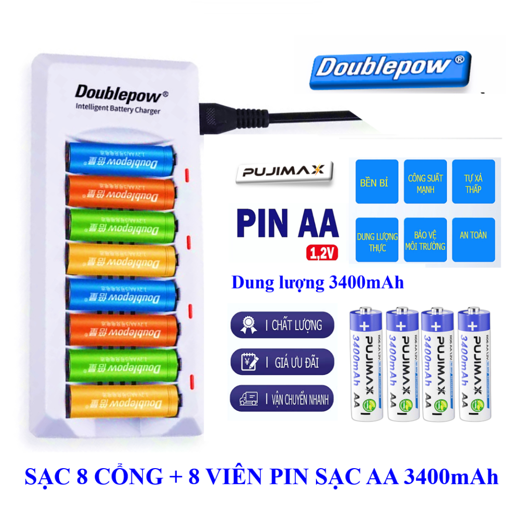 08 Pin Sạc AA 3400mah + Sạc Pin Tiểu 8 Cổng Doublepow DP-K18 Với Dòng Sạc Nhanh Tự Ngắt | Chính Hãng