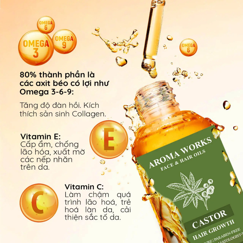 Dầu Thầu Dầu hữu cơ Aroma Works Face & Hair Oil Castor kích thích mọc mi, chân mày, dưỡng móng, chăm sóc tóc 100ml