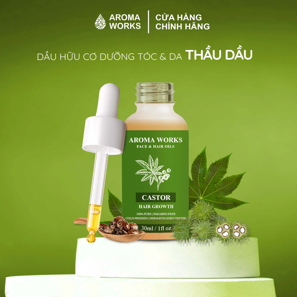 Dầu Thầu Dầu hữu cơ Aroma Works Face & Hair Oil Castor kích thích mọc mi, chân mày, dưỡng móng, chăm sóc tóc 100ml