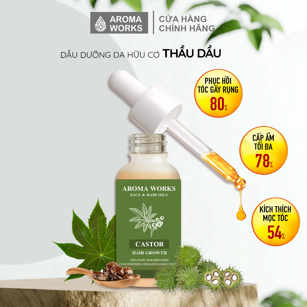 Dầu Thầu Dầu hữu cơ Aroma Works Face & Hair Oil Castor kích thích mọc mi, chân mày, dưỡng móng, chăm sóc tóc 100ml