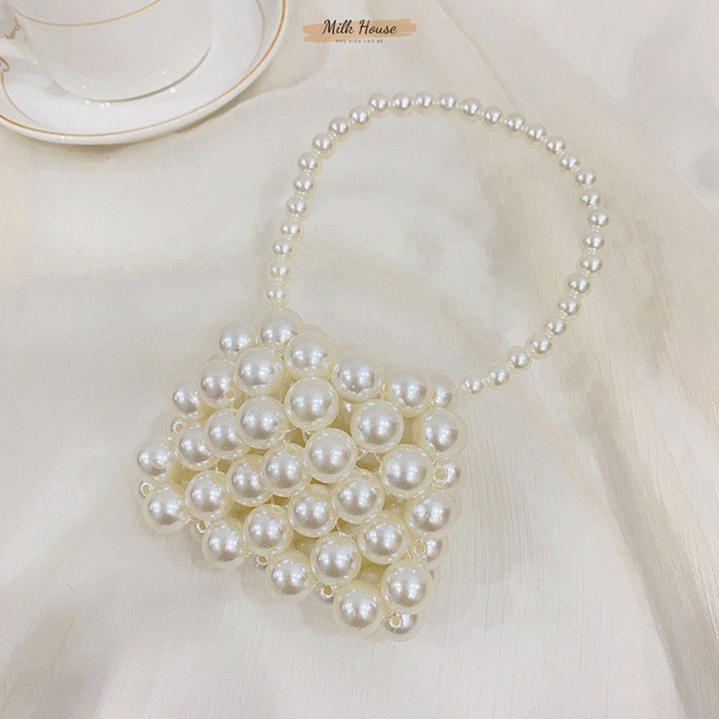 Túi xách cầm tay mini, túi đeo chéo mini đính hạt cườm ngọc trai nhân tạo dễ thương cho bé