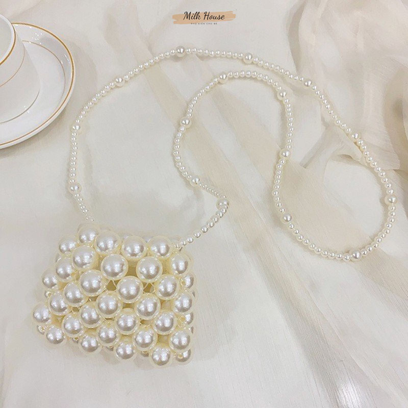 Túi xách cầm tay mini, túi đeo chéo mini đính hạt cườm ngọc trai nhân tạo dễ thương cho bé