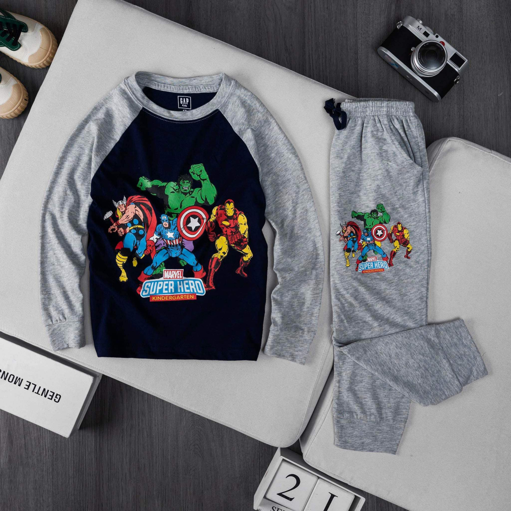Bộ thu đông dài tay Gap SUPER HERO Áo màu Than ráp lăng quần màu Xám