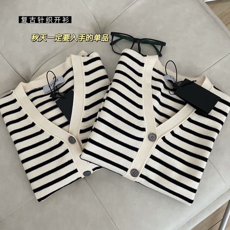 Áo Khoác Len Dài Tay Họa Tiết Kẻ Sọc Trắng Đen Thời Trang Thu Đông