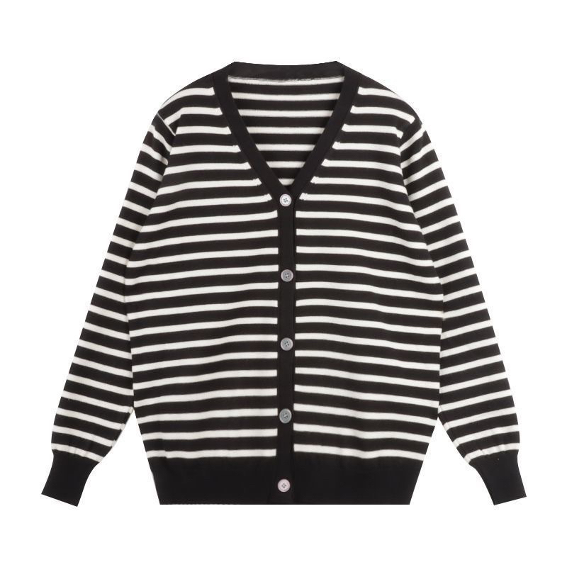 Áo Khoác Len Dài Tay Họa Tiết Kẻ Sọc Trắng Đen Thời Trang Thu Đông